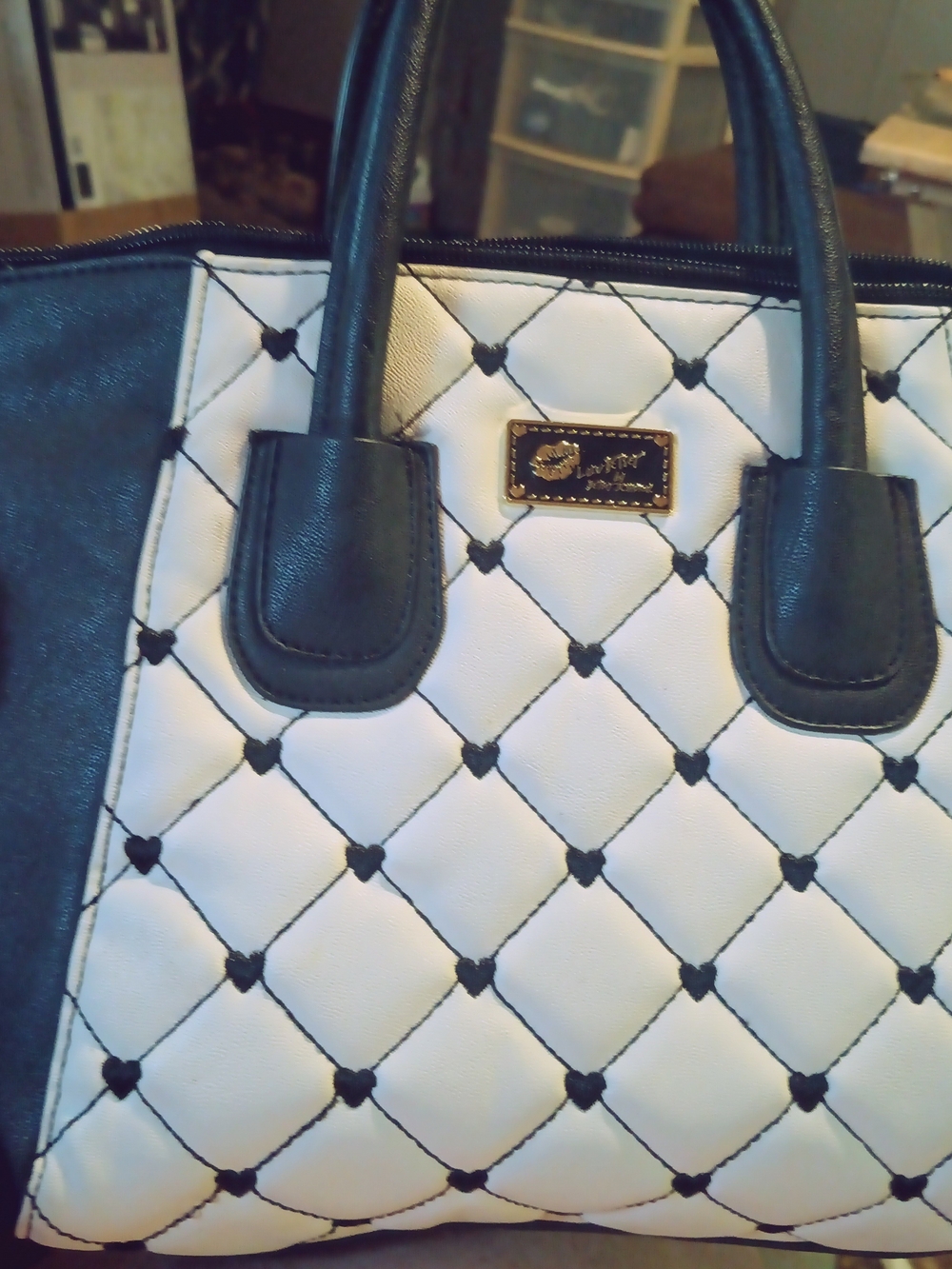 Betsey Johnson Black and White Heart Quilted Tote